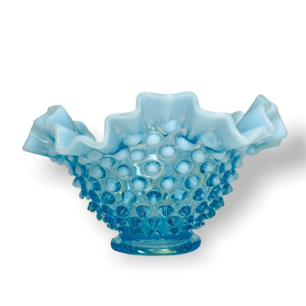 FENTON Vintage Blue Opalescent Hobnail Bowl With Ruffled Crimped Edge 6.5"x4"